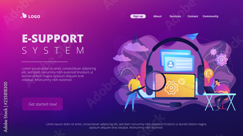 End user with magnifier finding information in laptop with headset. Customer self-service, e-support system, electronic customer support concept. Website vibrant violet landing web page template.