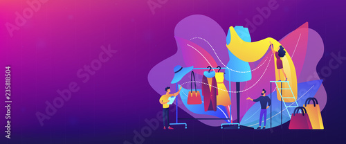 Designer team working on new clothes collection and piece of cloth on mannequin. Fashion industry, clothing style market, fashion business concept. Header or footer banner template with copy space.