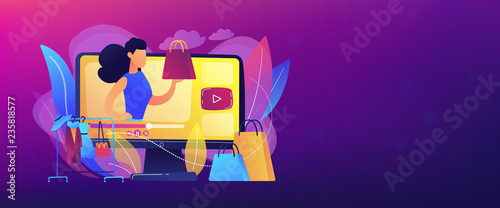 Fashion blogger review video fashionable purchase and clothes hanger. Fashion blog, shopping blogging, fashion blogger job concept. Header or footer banner template with copy space.