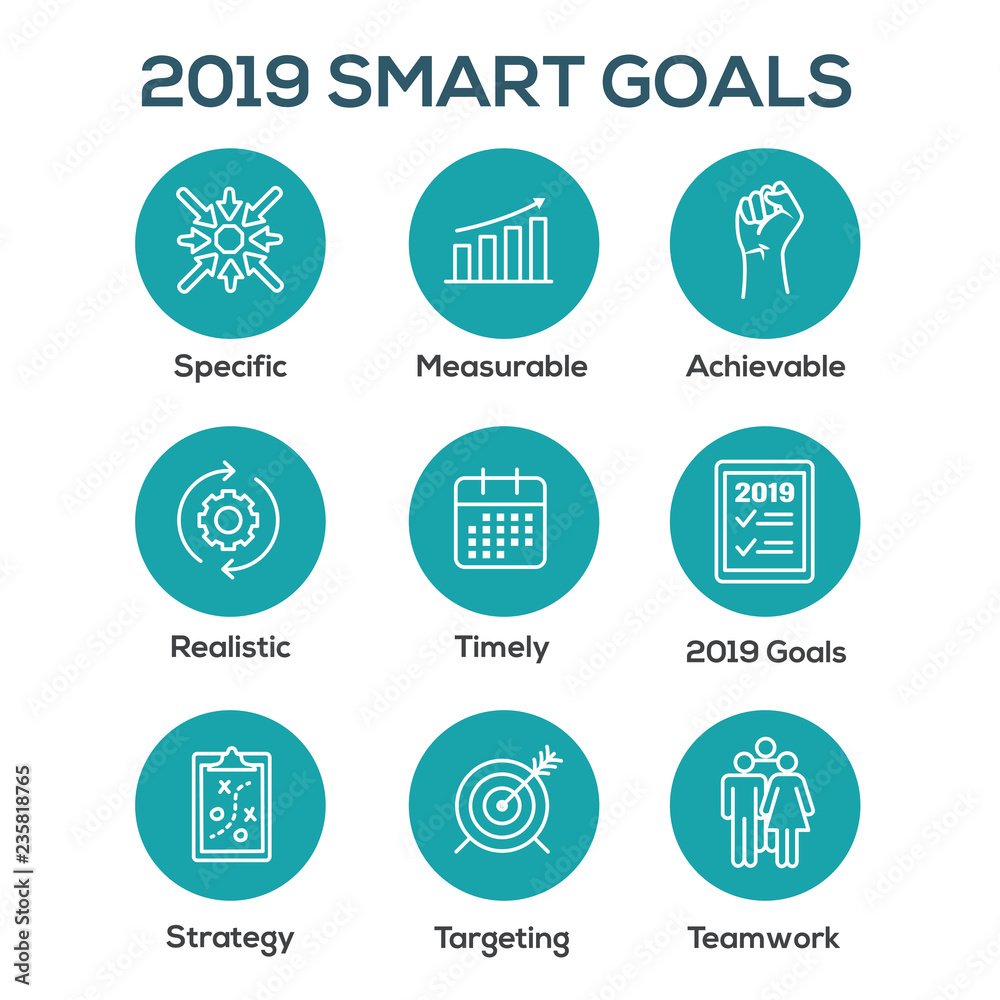 2019 SMART Goals Vector graphic with Smart goal keywords