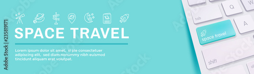 Space Travel or Tourism Web Header Banner with spaceship, telescope, and planets