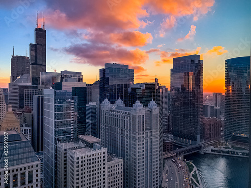 City of Chicago at sunset in downtown Loop