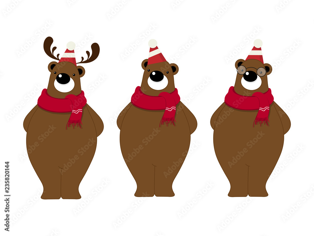 Vector illustration of cute bear cartoon character wearing red scarf on white background.