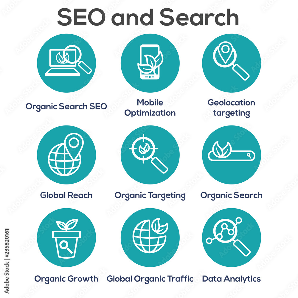 Search and SEO Web Header Hero Image Banner with organic growth, search, and locality ideas icon set
