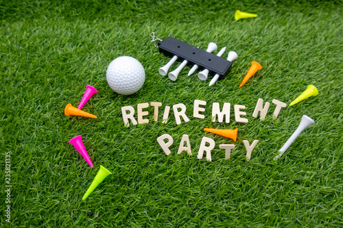 Golf retirement party invitation with golf ball and tees on green grass