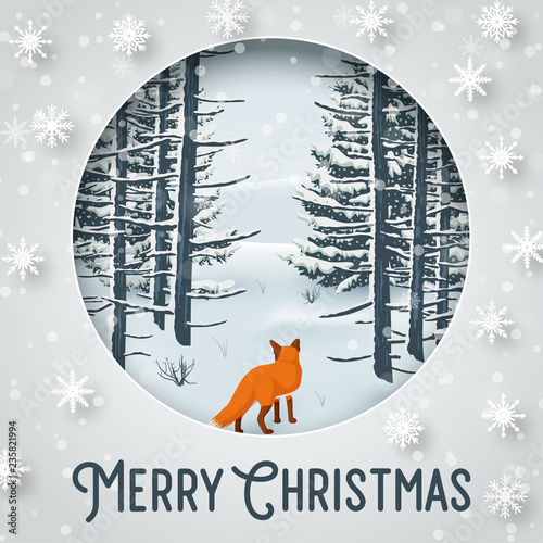 Merry Christmas Winter with Forest Landscape and fox animal