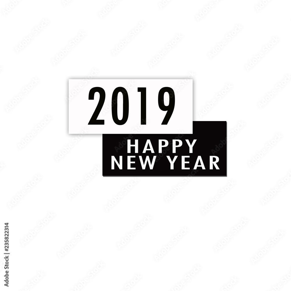 Happy new year 2019 written on black and white colour banner on isolated background