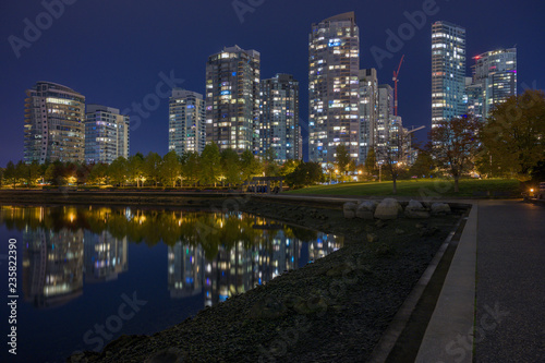 Downtown Vancouver at night from Yaletown waterfront.