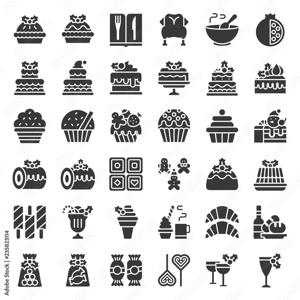christmas food related icon set such as bakery,wine,biscuit,layered cake decorated with holly christmas food related icon set such as bakery,wine,biscuit,layered cake decorated with holly