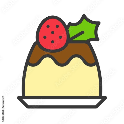 strawberry pudding icon with mistletoe, christmas food set editable outline