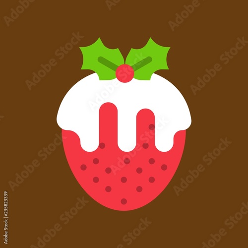 strawberry fondue with mistletoe, christmas sweets set flat icon