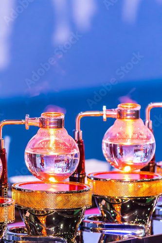 Syphon Coffee maker accessories and tools./ Syphon Coffee or Vacuum Coffee is full immersion tasteful and this process show boiling water by Beam heater.