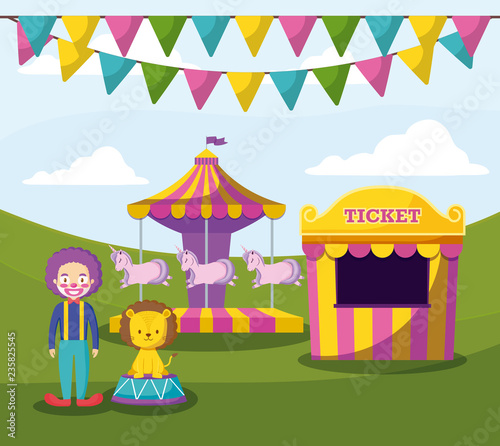 circus tent with clown and cute animals