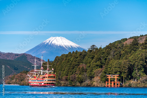 Mountain Fuji and Lake Ashi with Hakone temple and sightseeing boat in autumn photo