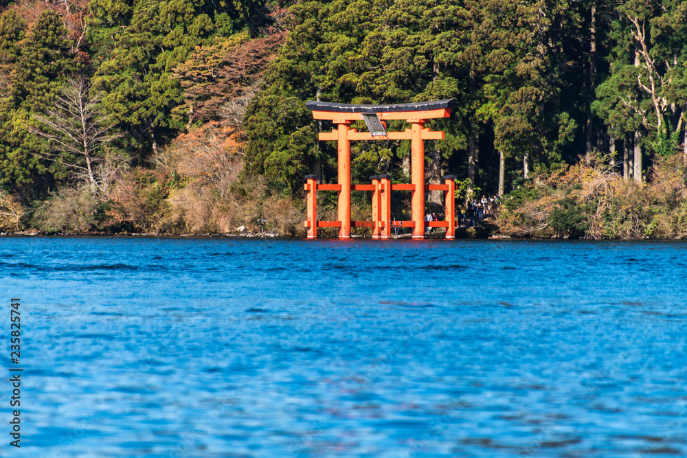 Mountain Fuji and Lake Ashi with Hakone temple and sightseeing boat in autumn Mountain Fuji and Lake Ashi with Hakone temple and sightseeing boat in autumn