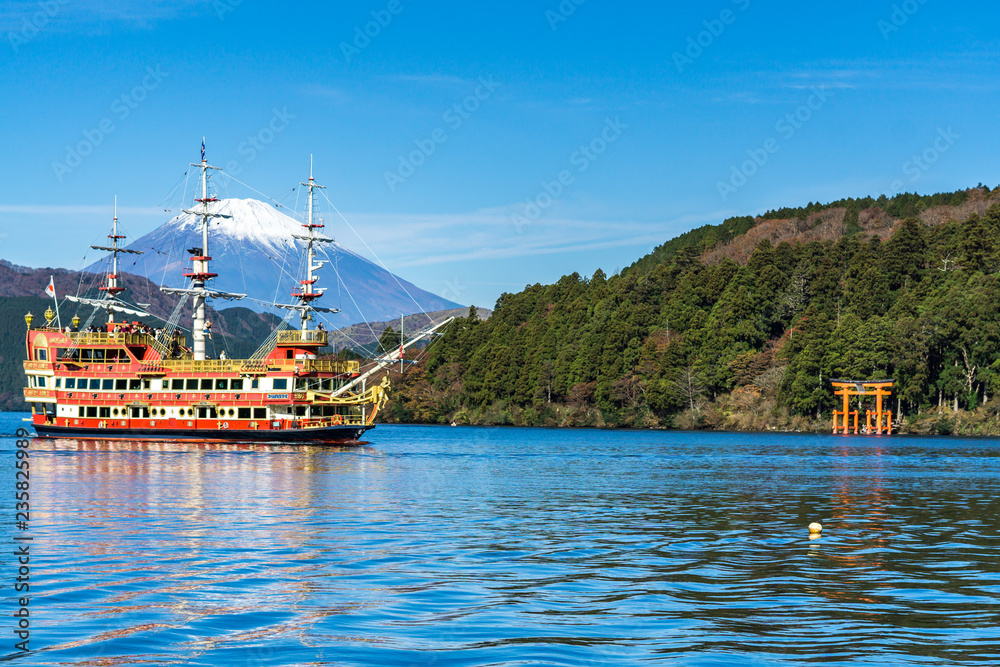 Mountain Fuji and Lake Ashi with Hakone temple and sightseeing boat in autumn Mountain Fuji and Lake Ashi with Hakone temple and sightseeing boat in autumn
