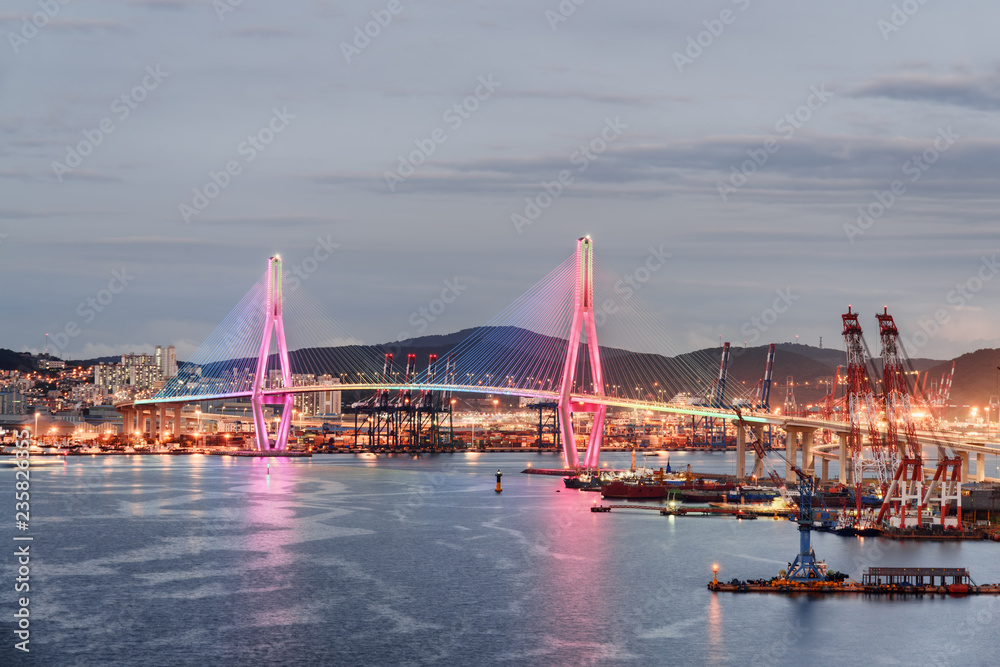Colorful view of Busan Harbor Bridge and the Port of Busan