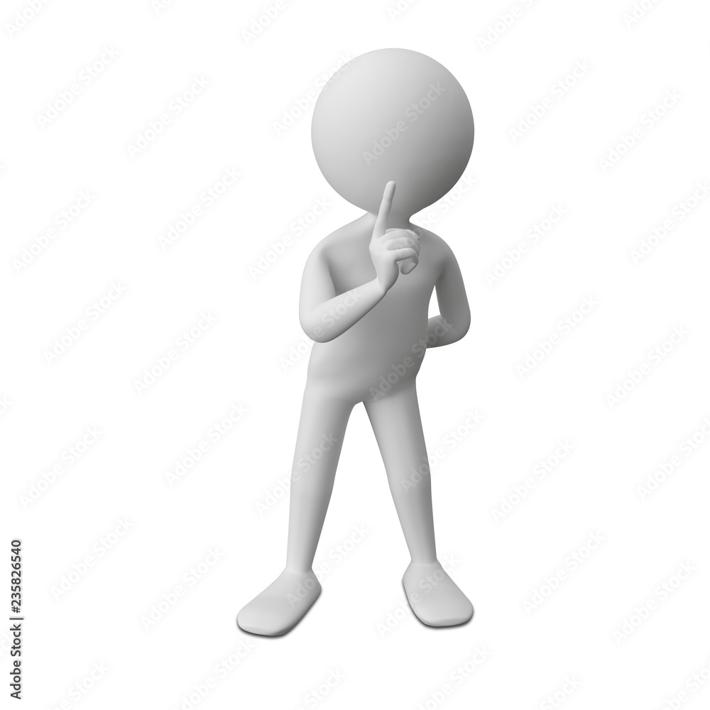 3D Illustration of an Abstract Man with a Finger at the Mouth 3D Illustration of an Abstract Man with a Finger at the Mouth