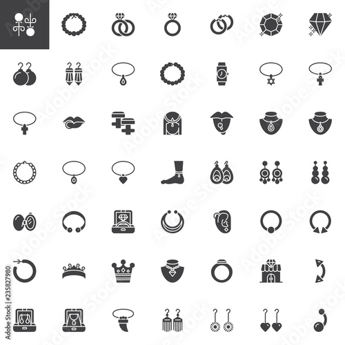 Jewellery accessories vector icons set, modern solid symbol collection, filled style pictogram pack. Signs, logo illustration. Set includes icons as Diamond Earrings, Pearl necklace, Gemstone Ring