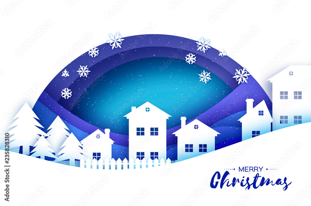 Merry Christmas and Happy New Year Greetings card. Origami Winter Snow Landscape Village with blue sky. City Urban Countryside with forest in paper cut style. Holidays.