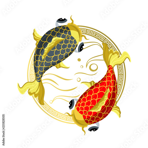 Yin Yang Koi fish vector symbol. Beautiful vintage oriental symbol of harmony, balance. Tao zen round decorative element. Isolated illustration. 