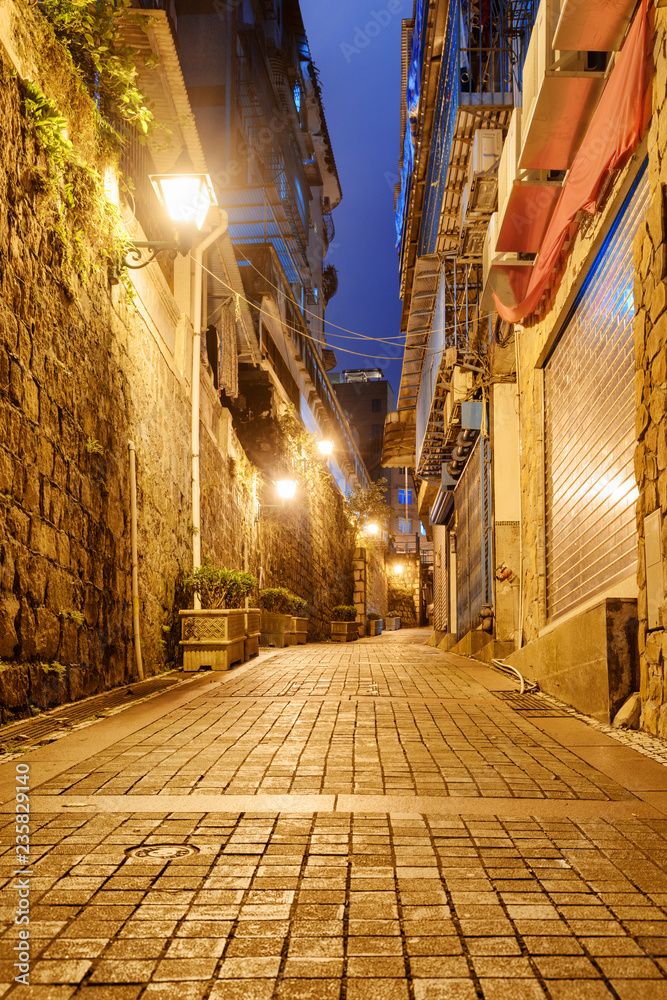 Amazing night view of deserted street at old town, Macau