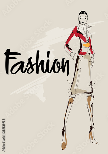 Fashion girl Sketch. Stylish fashion model. Pretty young girl.