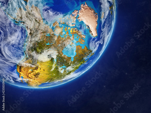 North America on realistic model of planet Earth with country borders and very detailed planet surface and clouds.