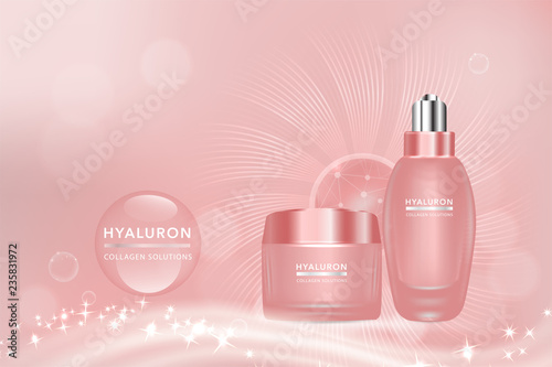 Beauty product, pink cosmetic containers with advertising background ready to use, hyaluronic acid solution skin care ad, vector illustration.