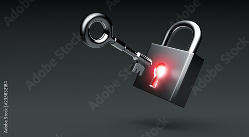 Glowing lock with key on dark background