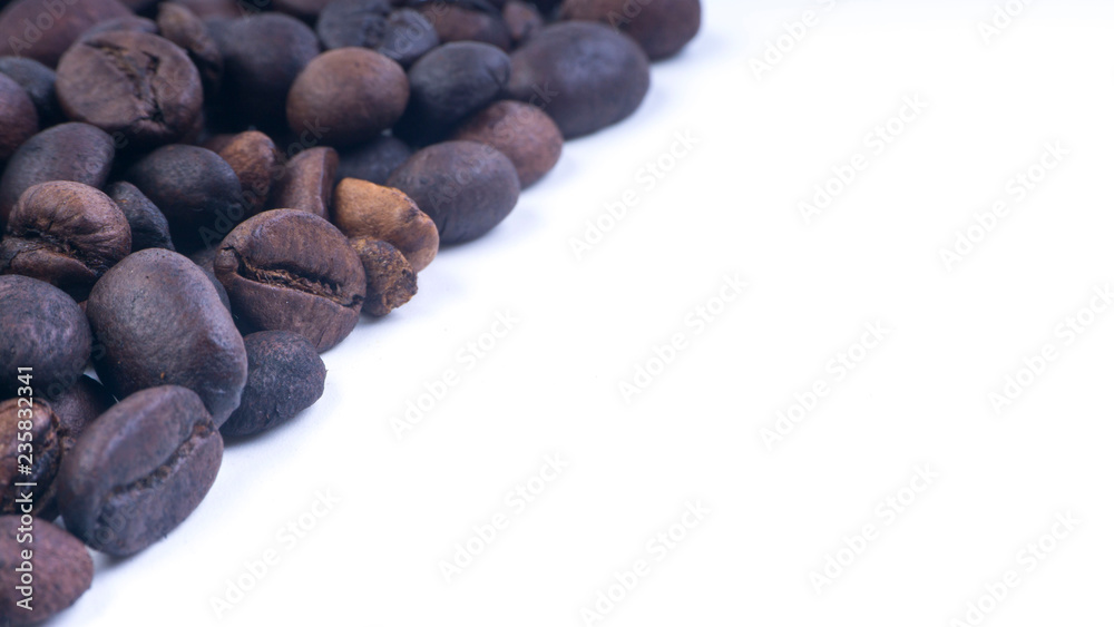 Fototapeta premium Coffee beans closeup with selective focus and crop fragment