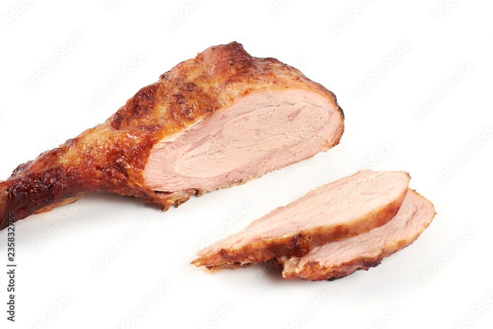roast turkey leg and sliced turkey meat isolated on white background. roast turkey leg and sliced turkey meat isolated on white background.