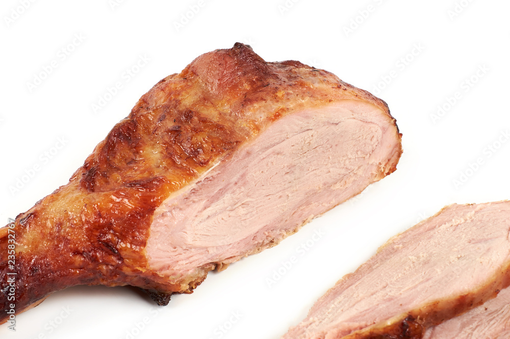roast turkey leg and sliced turkey meat isolated on white background. roast turkey leg and sliced turkey meat isolated on white background.