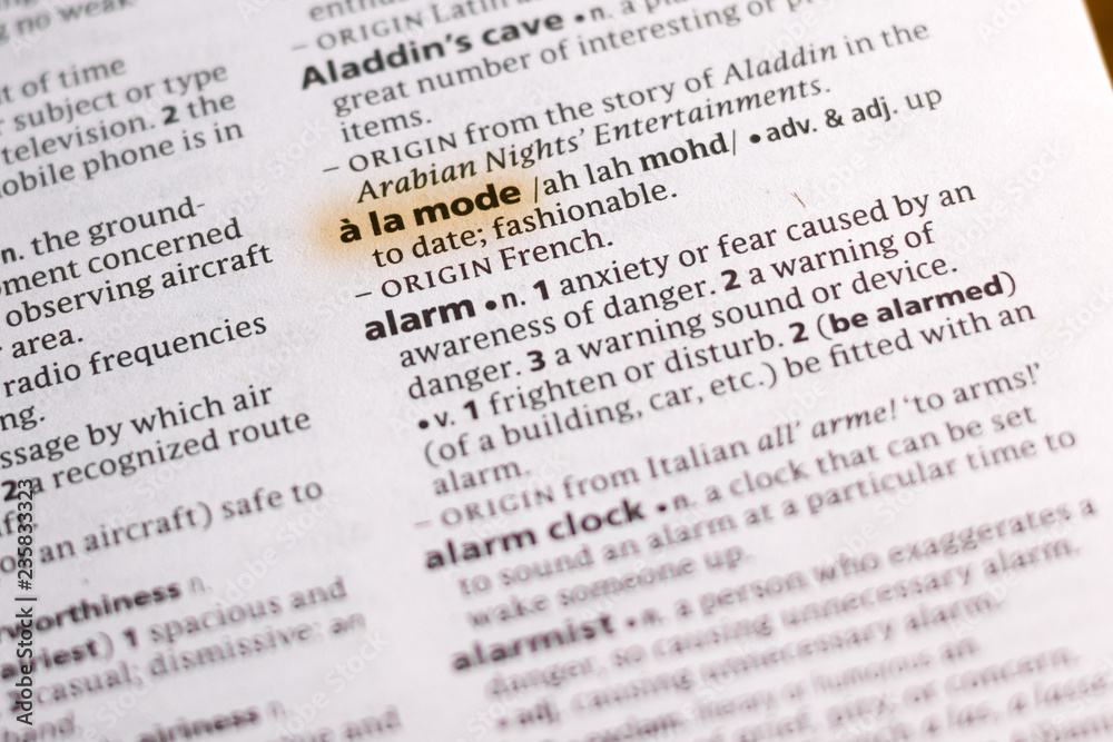 The word or phrase A La Mode in a dictionary. The word or phrase A La Mode in a dictionary.