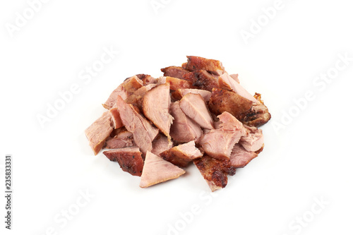 pieces of roasted chicken meat, isolated on white background.