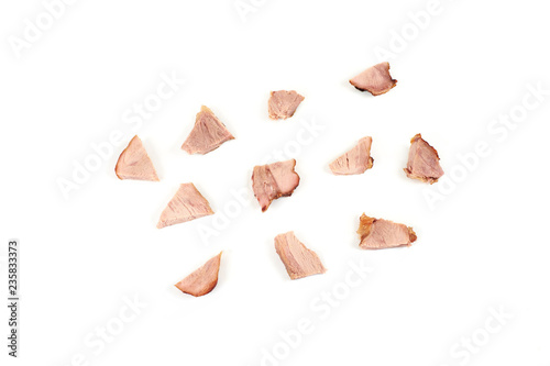 pieces of roasted turkey meat, isolated on white background.