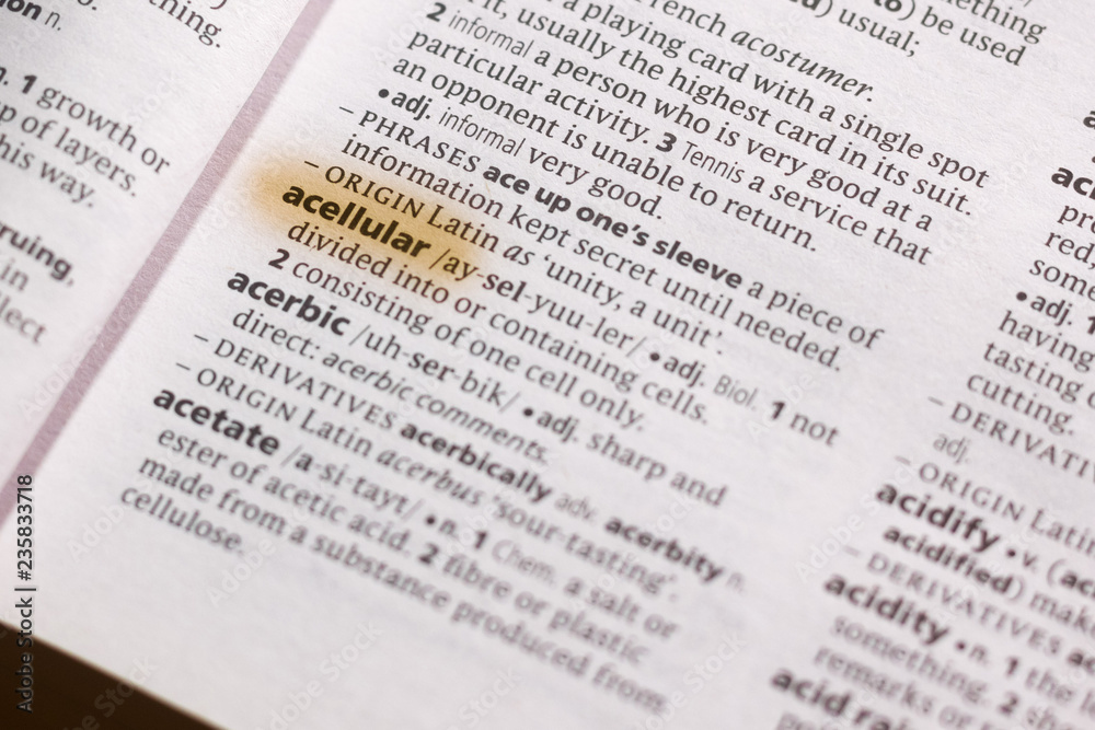 The word or phrase Acellular in a dictionary. The word or phrase Acellular in a dictionary.