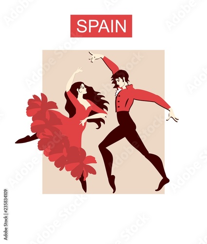 Beautiful Spanish couple dancing flamenco. Concert banner, poster, invitation card in vector.