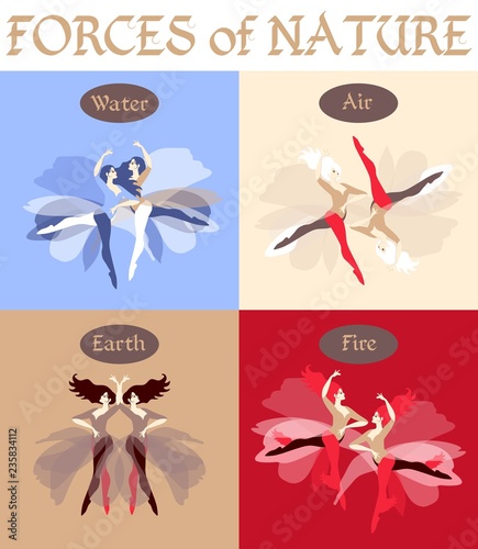 Set of beautiful vector cards. Forces of nature, depicted in the form of dancing girls. Four elements: fire, air, earth and water.