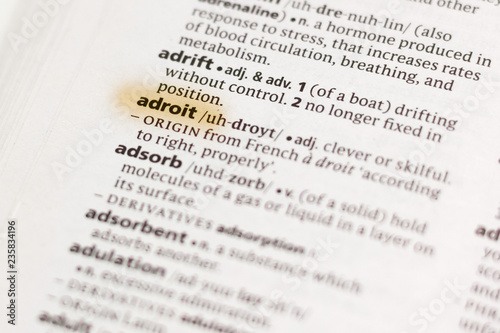 Foto The word or phrase Adroit in a dictionary.