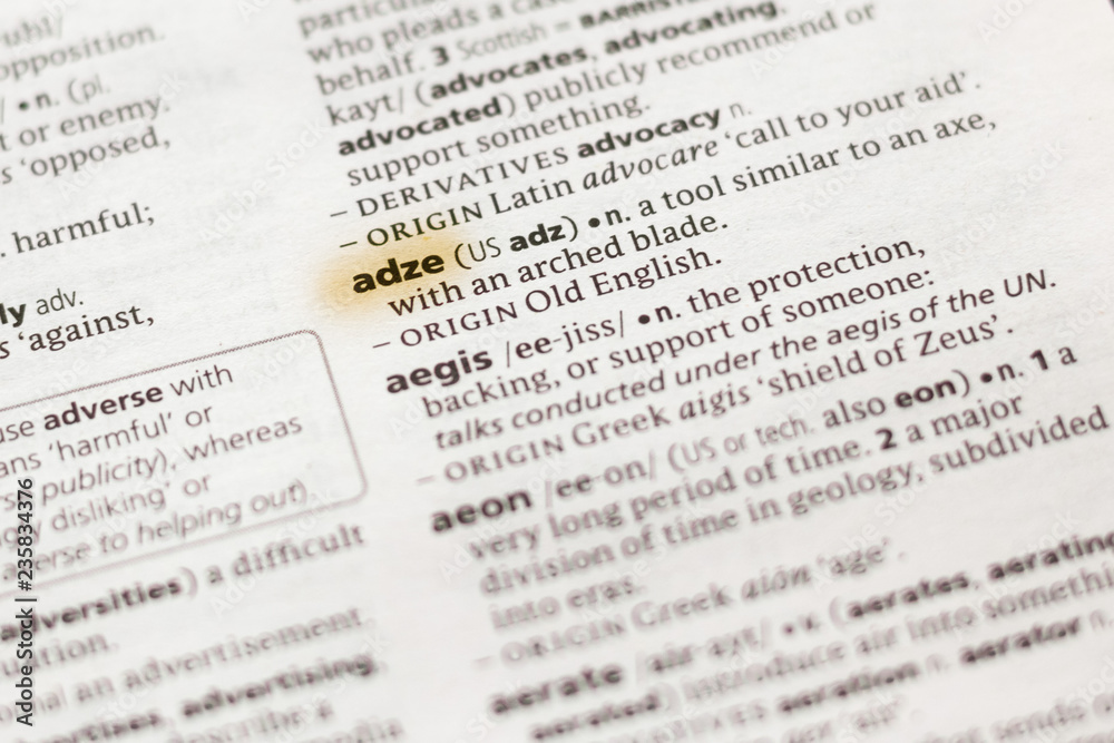 Fototapeta premium The word or phrase Adze in a dictionary.