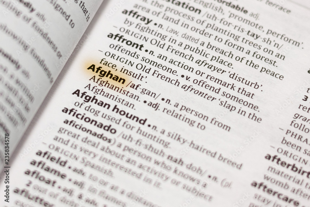 The word or phrase Afghan in a dictionary. The word or phrase Afghan in a dictionary.