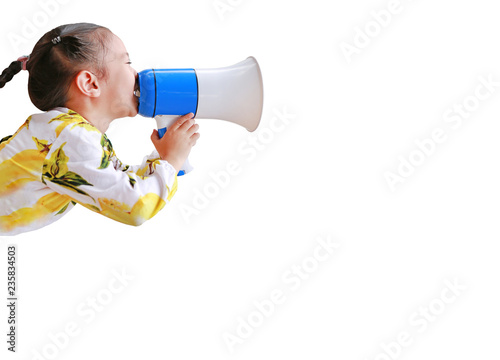 Konstfotografi Asian little girl announce by megaphone isolated on white background with copy space