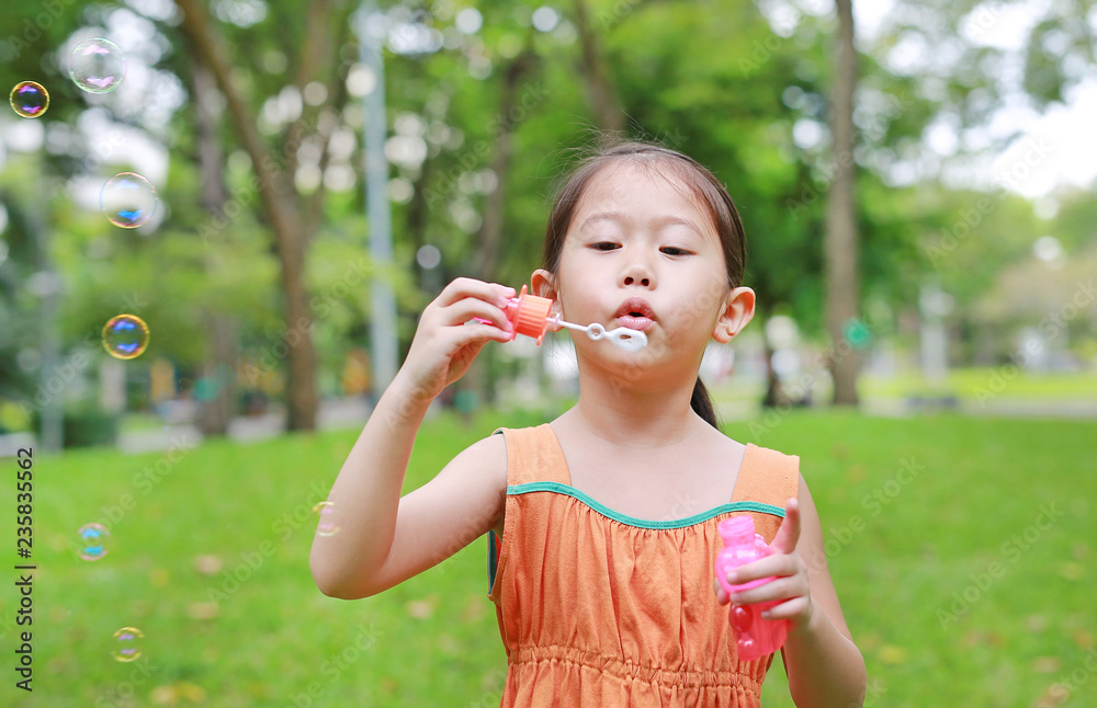 Cute little girl playing bubble in the park. Cute little girl playing bubble in the park.