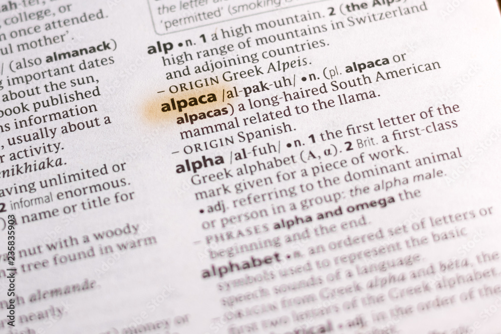 The word or phrase Alpaca in a dictionary. The word or phrase Alpaca in a dictionary.