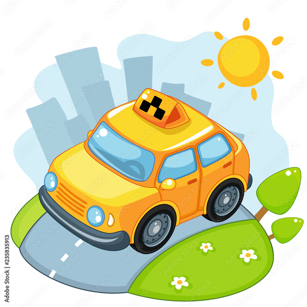 Taxi with flasher rides fast along the road and carries passengers. Taxi with flasher rides fast along the road and carries passengers.
