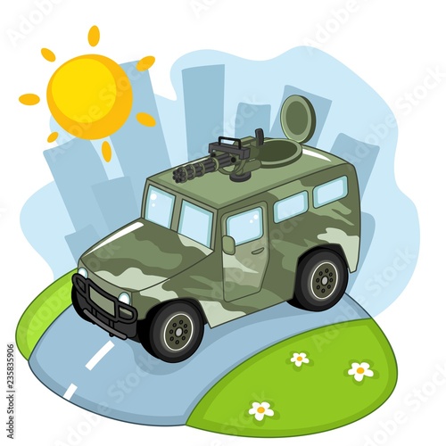 A military vehicle with a weapon and a hatch is driving along the road.