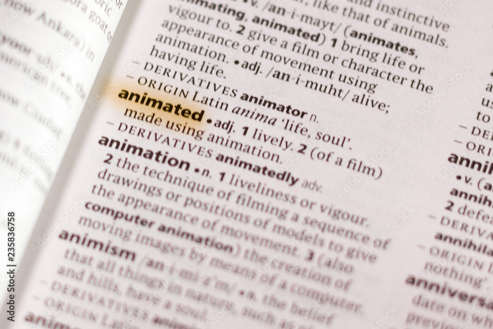 The word or phrase Animated in a dictionary. The word or phrase Animated in a dictionary.