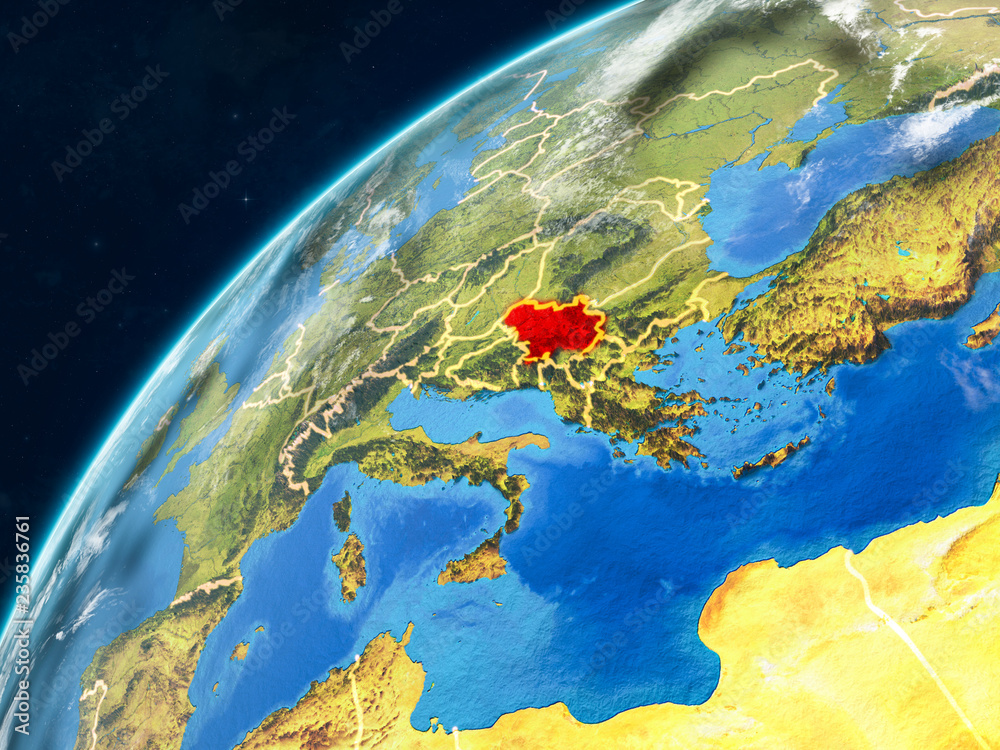 Serbia on realistic model of planet Earth with country borders and very detailed planet surface and clouds.