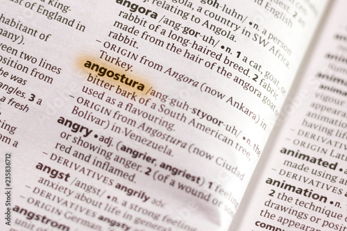 The word or phrase Angostura in a dictionary.